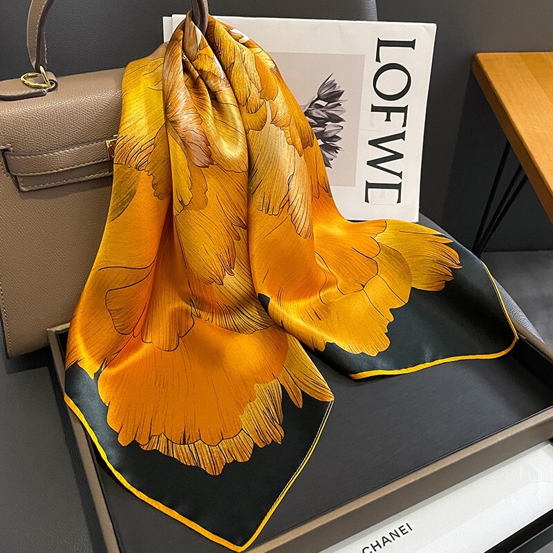 100% Mulberry Silk 27″ Square Scarf Women Neckerchief Wrap Floral Yellow Flower