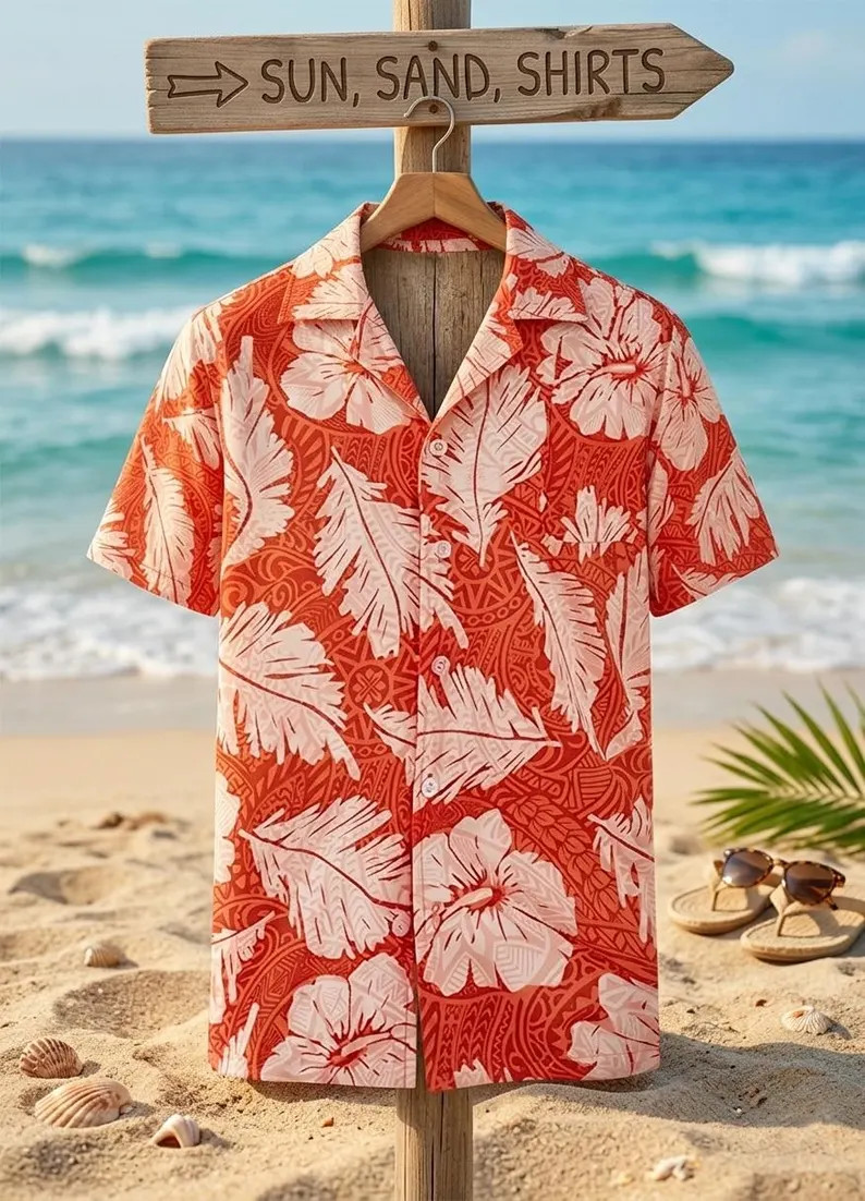 Mens Orange Leaf Flower Hawaiian Shirt Tropical Aloha
