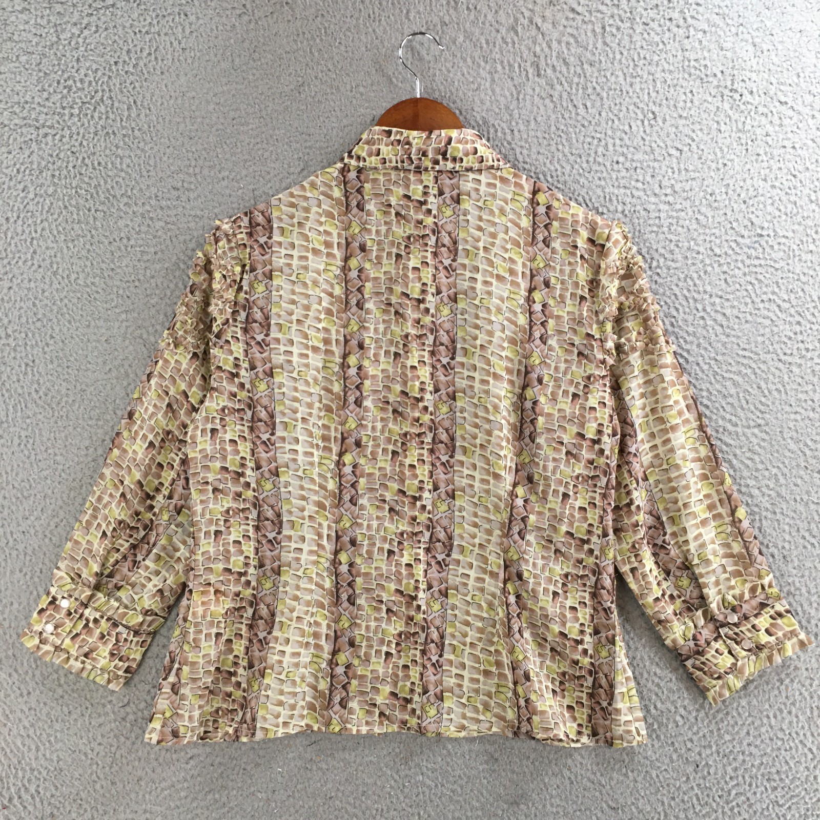 Lloyd Williams Blouse Womens Medium Abstract Print Ruffle Button Up Brown Green