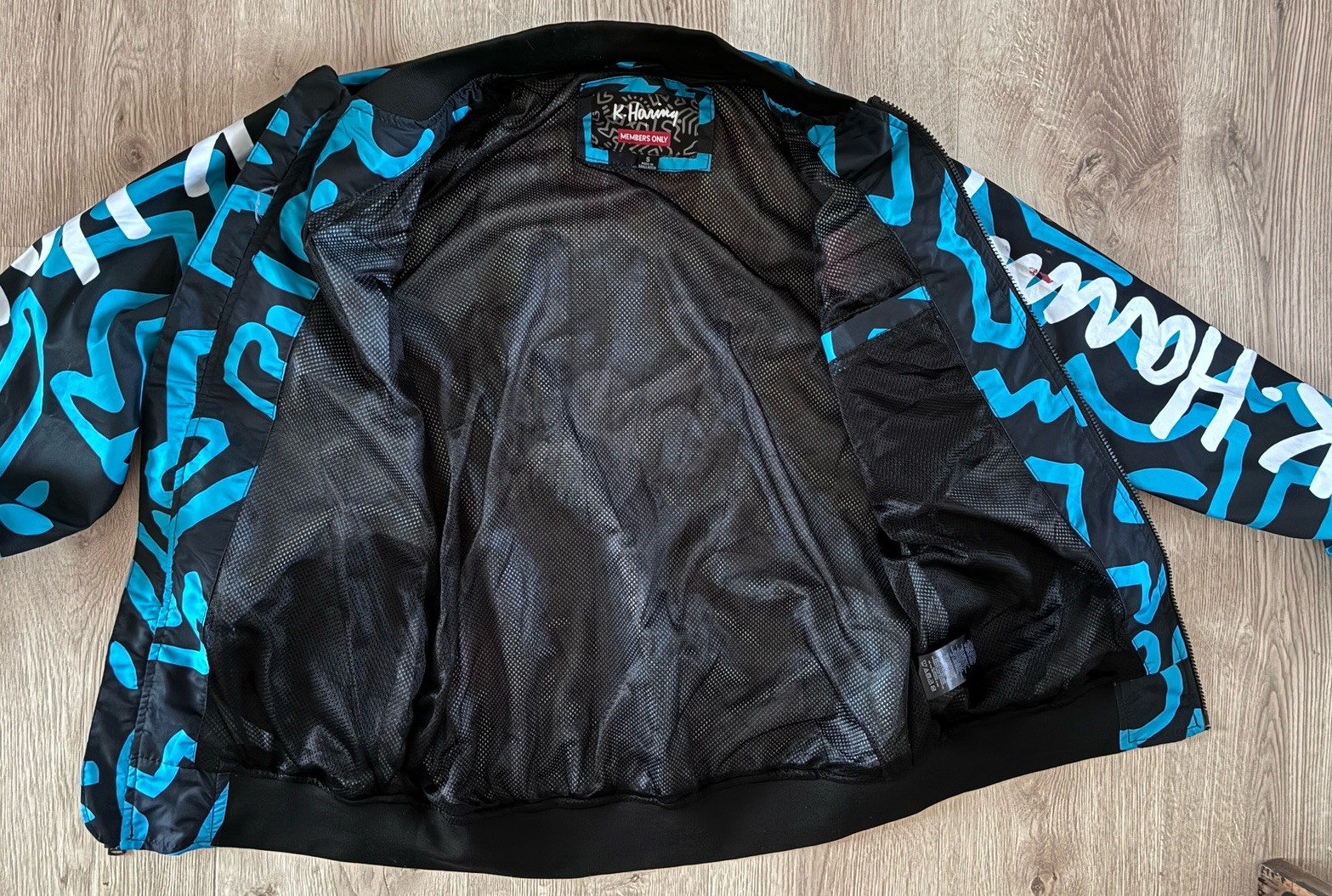 Members Only Keith Haring Tokyo Pop Bomber Jacket Black Blue Graphic Print S