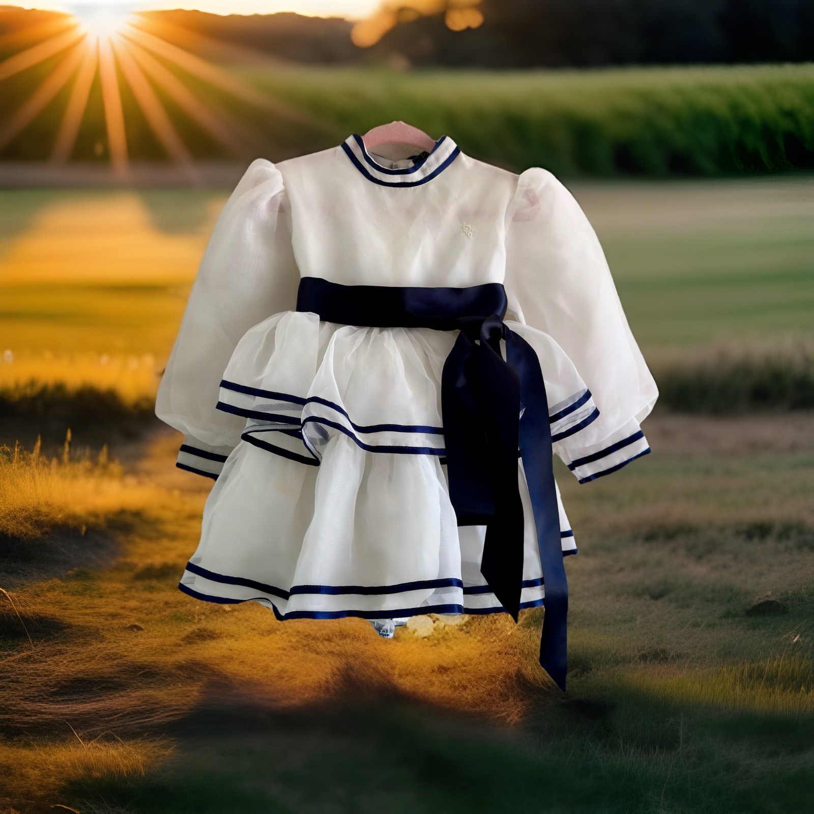 Christian Dior Girls 2T A-Line Dress White Navy Organza Puff Sleeve Bow Pleated