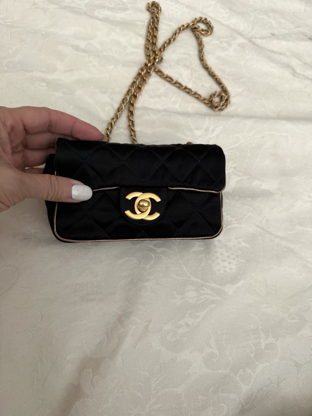 Vintage Chanel Extra Mini Satin Flap Bag Black Gold Chain Crossbody Rare