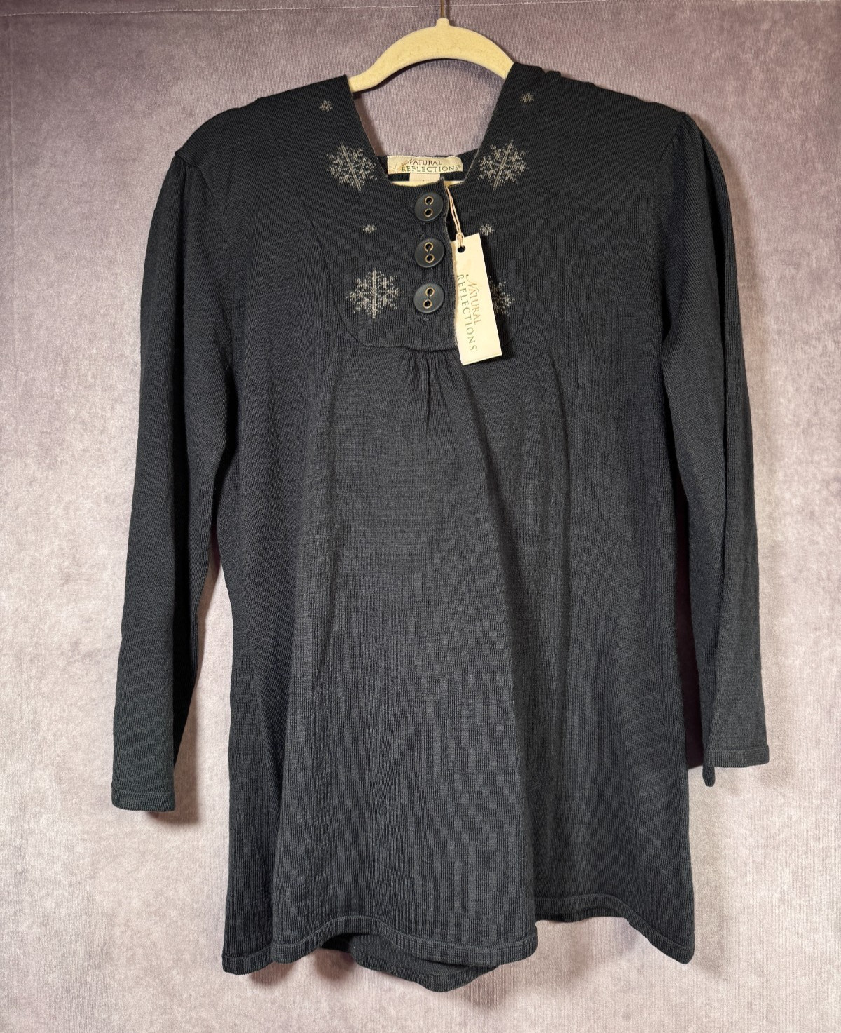 New Natural Reflections Wool Blend Sweater Hooded Snowflakes Buttoned LARGE