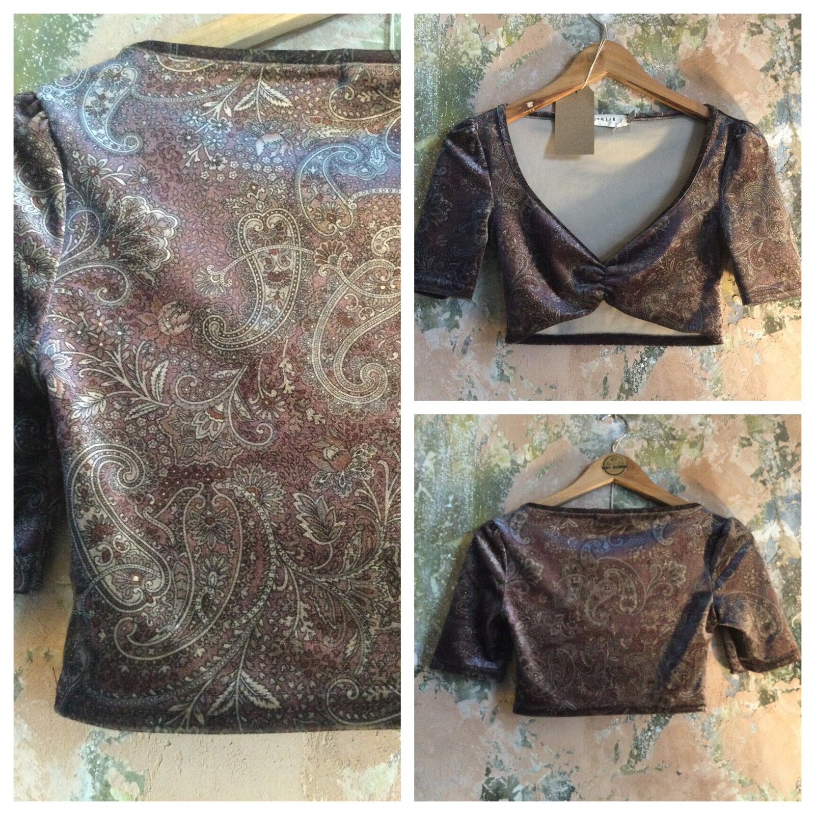 WOMENS TOP SIZE XS VELVET CROP PAISLEY VINTAGE VGC WORN ON FILM INC UK P