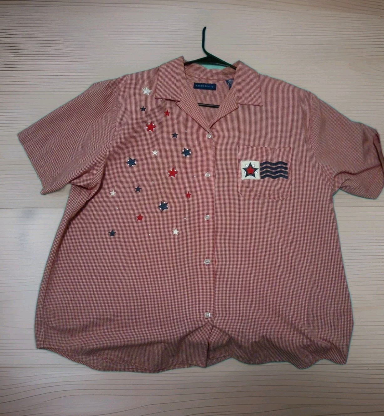 Karen Scott Gingham Button-Up Shirt XL Red/White Blue Patriotic Embroidered