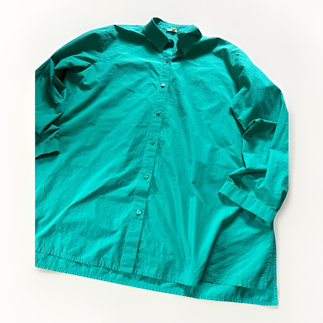 Eileen Fisher L Blue Organic Cotton Collared Button Down Tunic Shirt Career