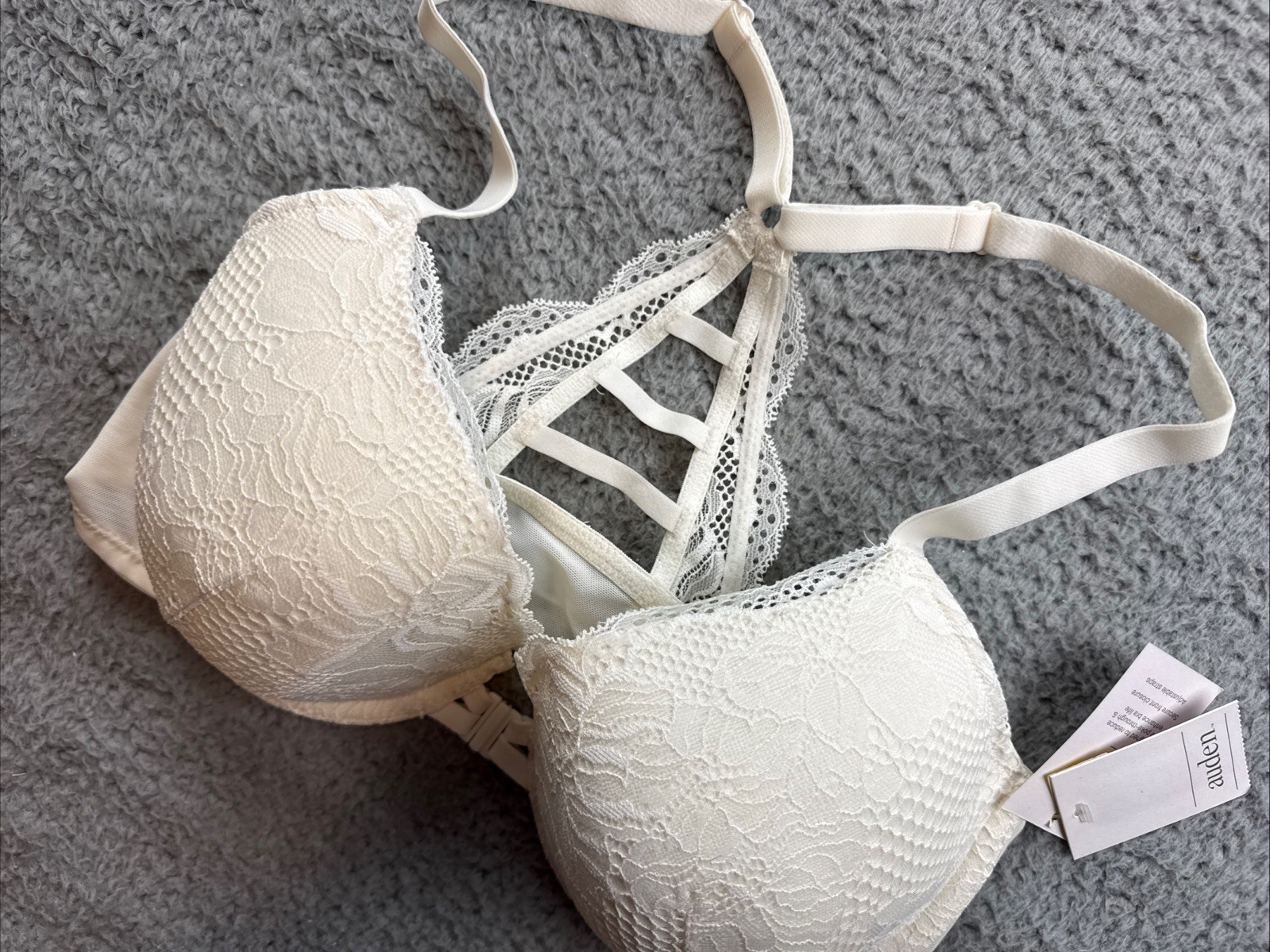 Auden Womens 34DD White Fishnet Lace Racerback Lightly Lined Bra Front Clasp