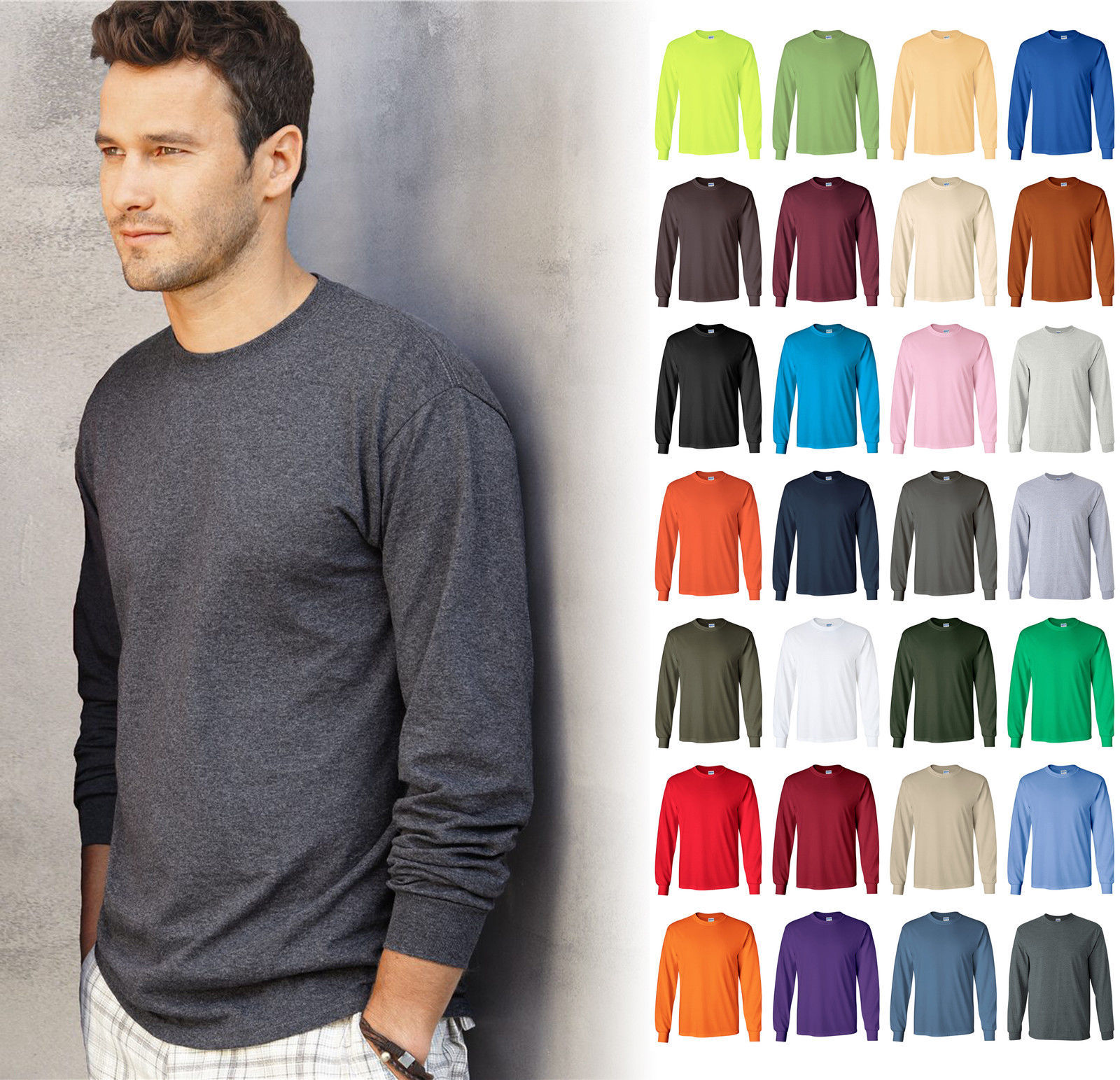 Gildan Ultra Cotton (Pack of 3) Mens Crewneck Long Sleeve T-Shirt S-5XL – 2400
