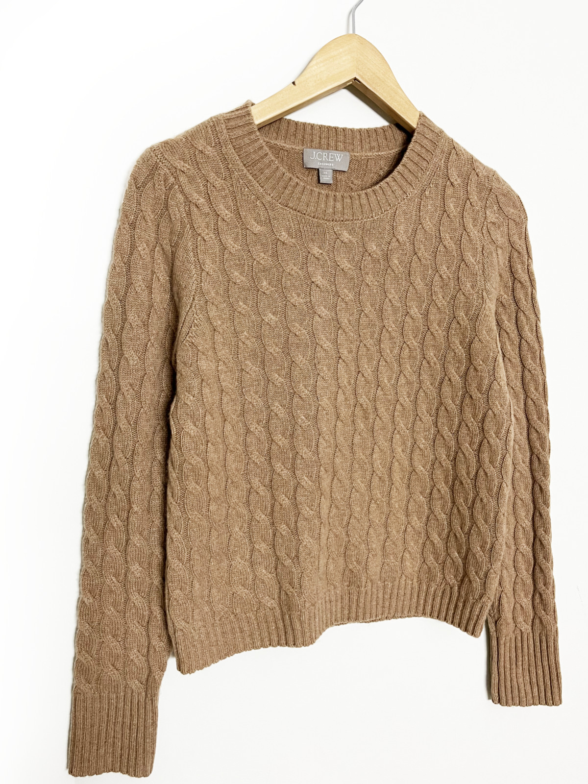 J.CREW •100% Cashmere Cable Crewneck Shrunken Sweater • Camel • XS