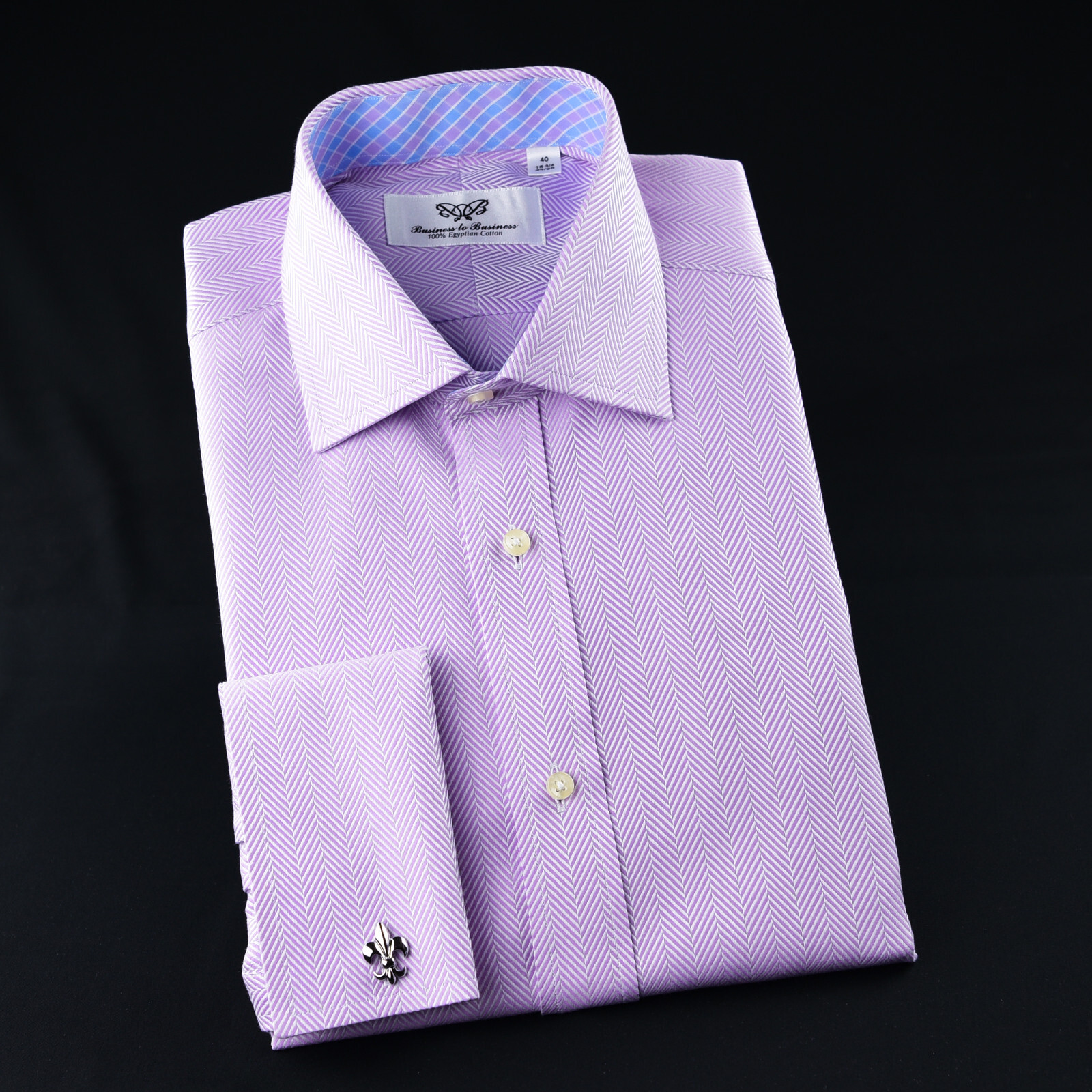 Lilac Herringbone Dress Shirt Luxury With Fancy Boss Inner Lining French Cuff