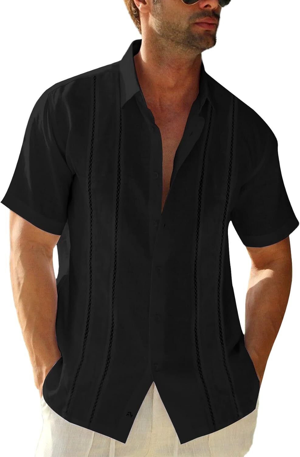 Mens Guayabera Shirt Linen Cotton Embroidered Short Sleeve Cuban Wedding Beach