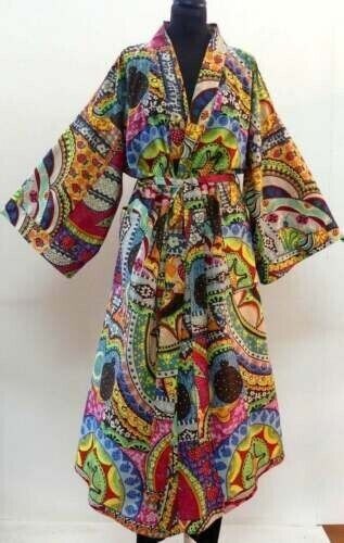 Indian Israil Print Cotton Kimono Bath Robe Women Nightwear Gown Long Dress
