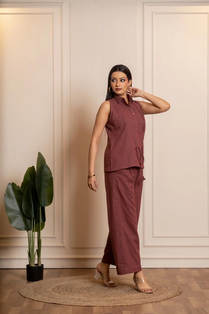 Brown Cotton Slub Co-ord Sets, Top & Palazzo Set, Two-Piece Outfit, Co ord Set
