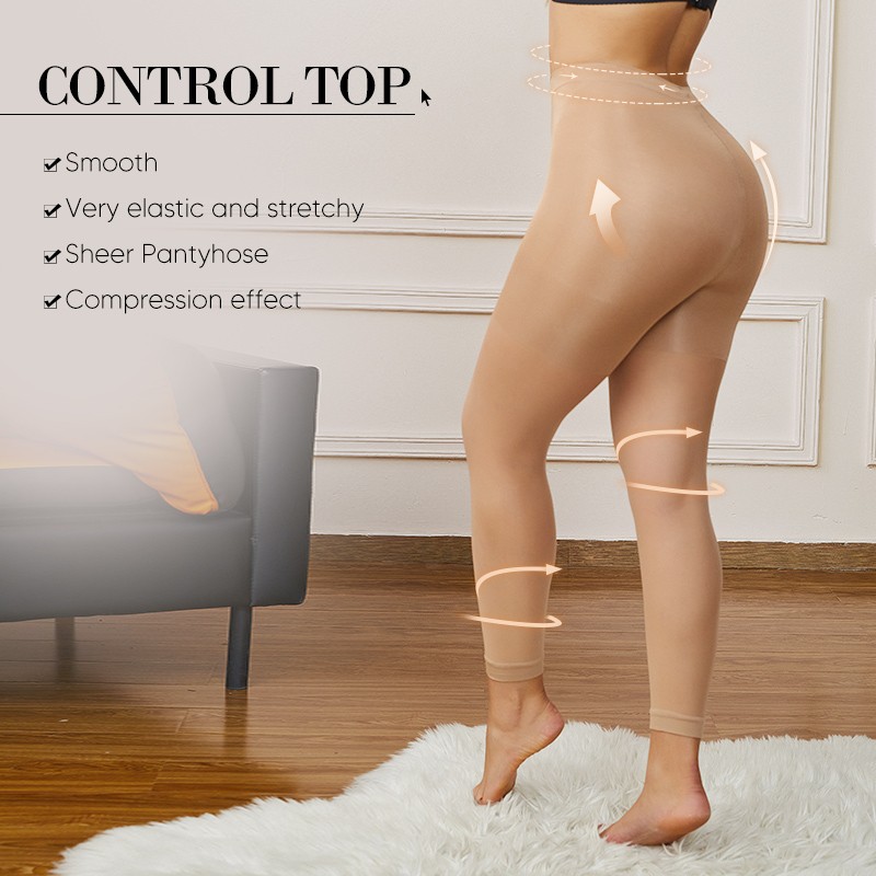 Women’s Sheer Footless Tights 30D Control Top Pantyhose Run Resistant