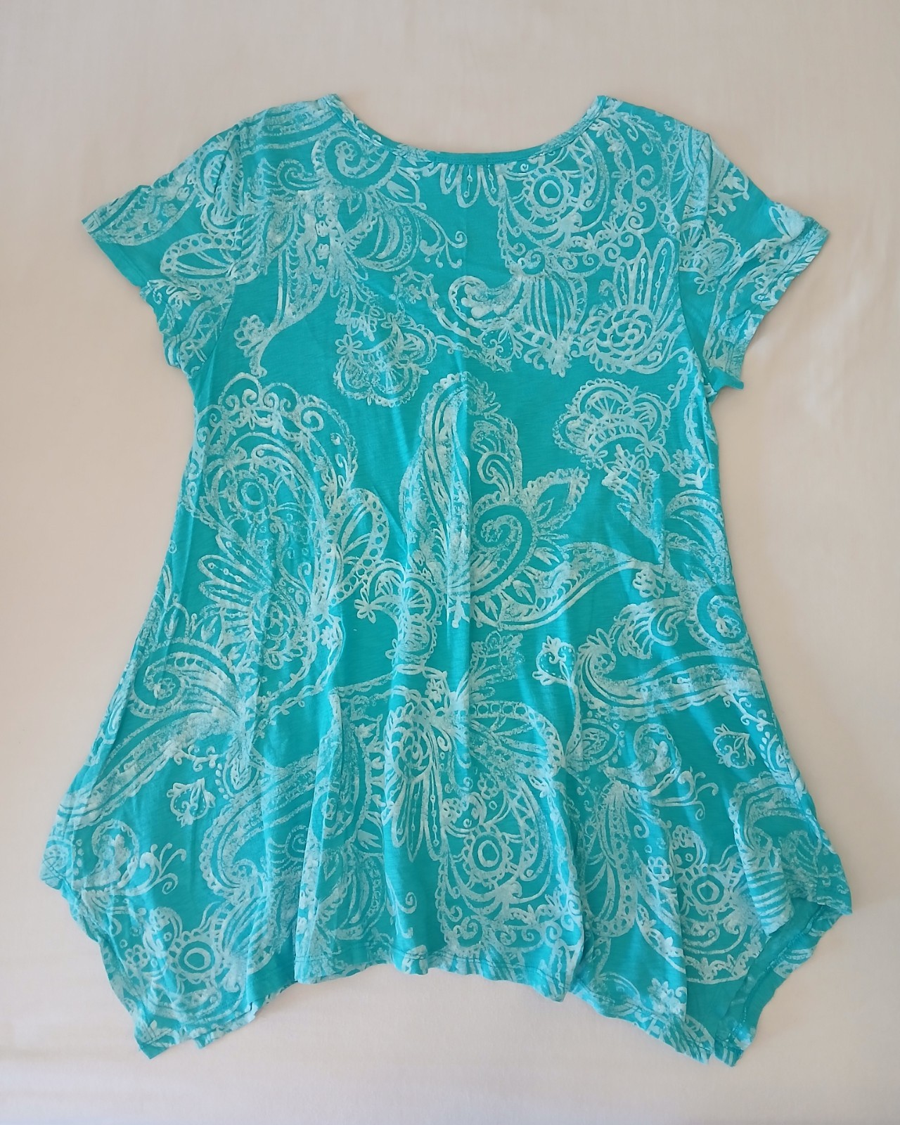 Fresh Produce Women’s Tunic Top XL Turquoise/White Paisley Cotton Knit Scoop