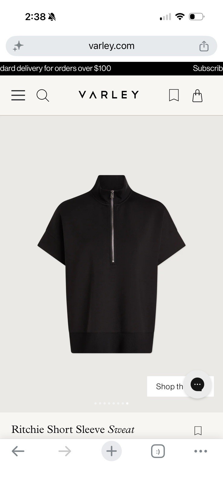 Varley Ritchie Women’s Short Sleeve Sweatshirt SMALL Half Zip DoubleSoft Black