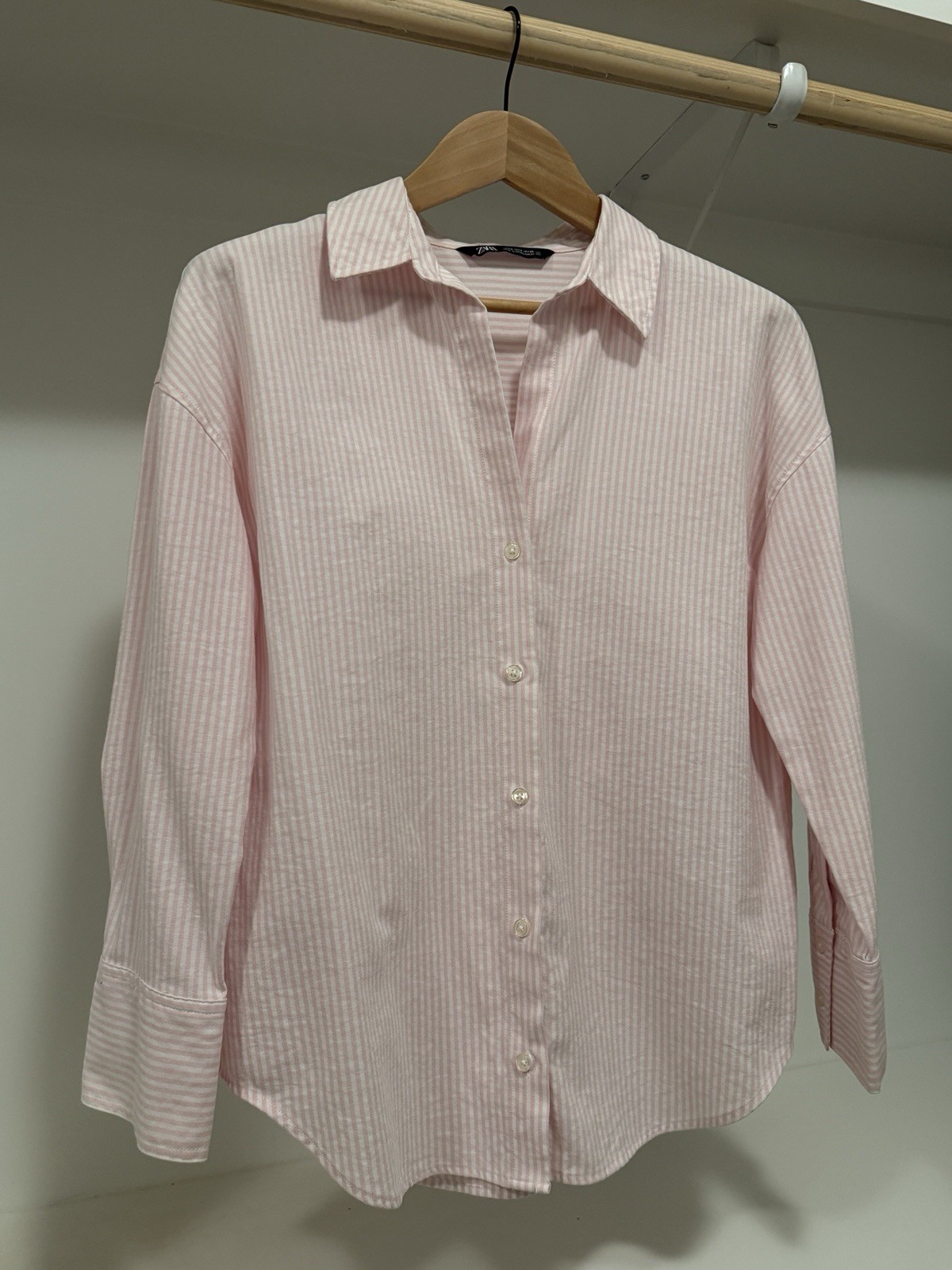 Zara Women’s Pink White Striped Collared Long Sleeve Woven Button-Up Shirt, S