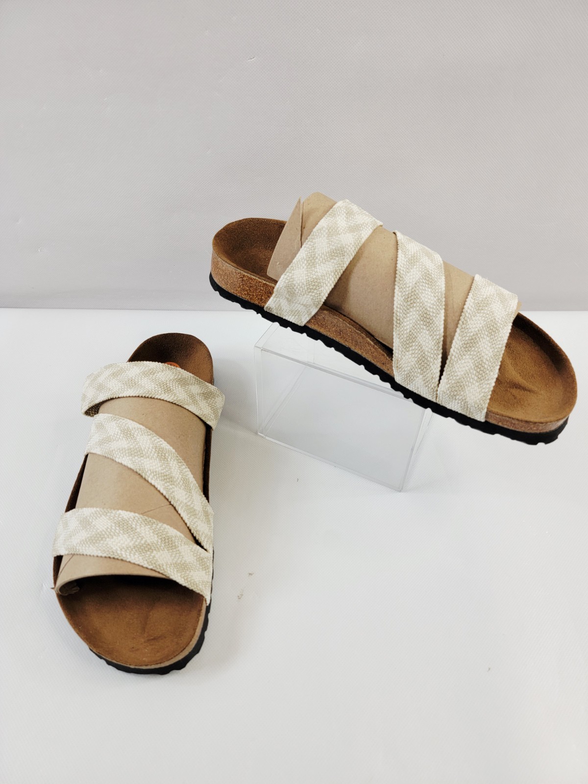 Birkenstock Birkis EU 41 / US 10 Triple Strap Stretch Cotton Plaid Beige & White
