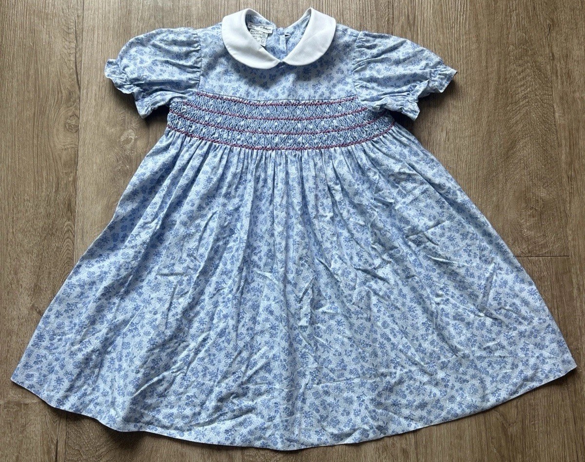 Young World Fashions Blue Floral Smocked Peter Pan Collar Babydoll Dress Size 6