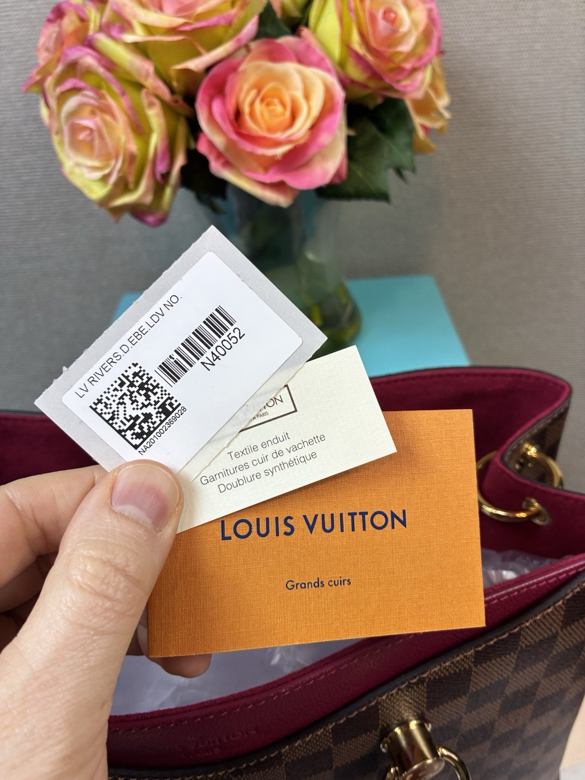 Louis Vuitton LV Damier Ebene Riverside Tote w/ Magenta Leather & LV Charm – NWT