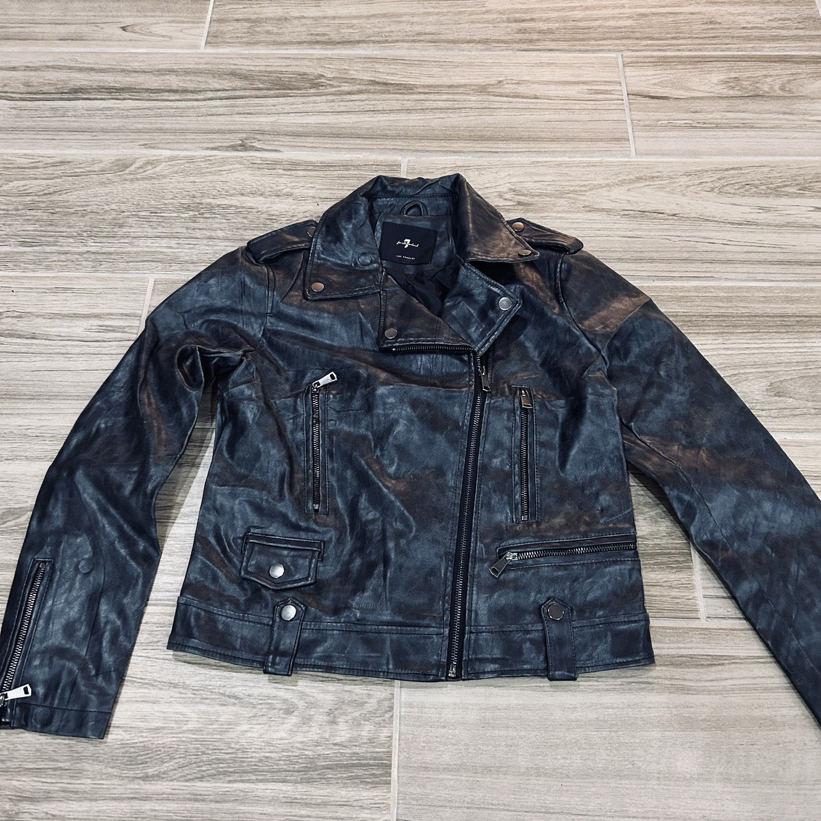 7 for All Mankind Black Vegan Faux Leather Moto Jacket Women’s Size Small