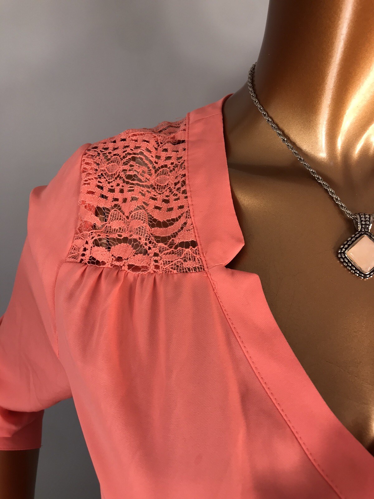 Candie’s L Top Lace Mesh Yoke NWT $38 Coral 1/2 Button Up Shirt Blouse Low V Cut