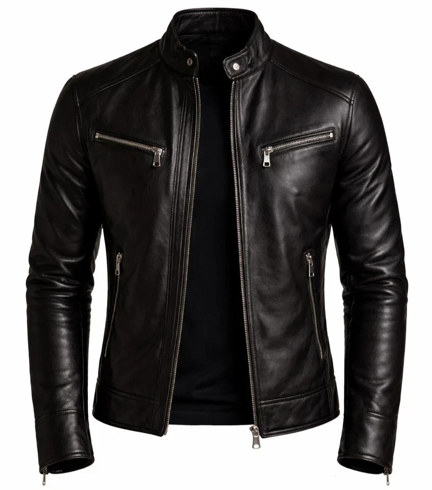 Men’s Black Faux Biker Jacket Slim Fit Cafe Racer Motorcycle