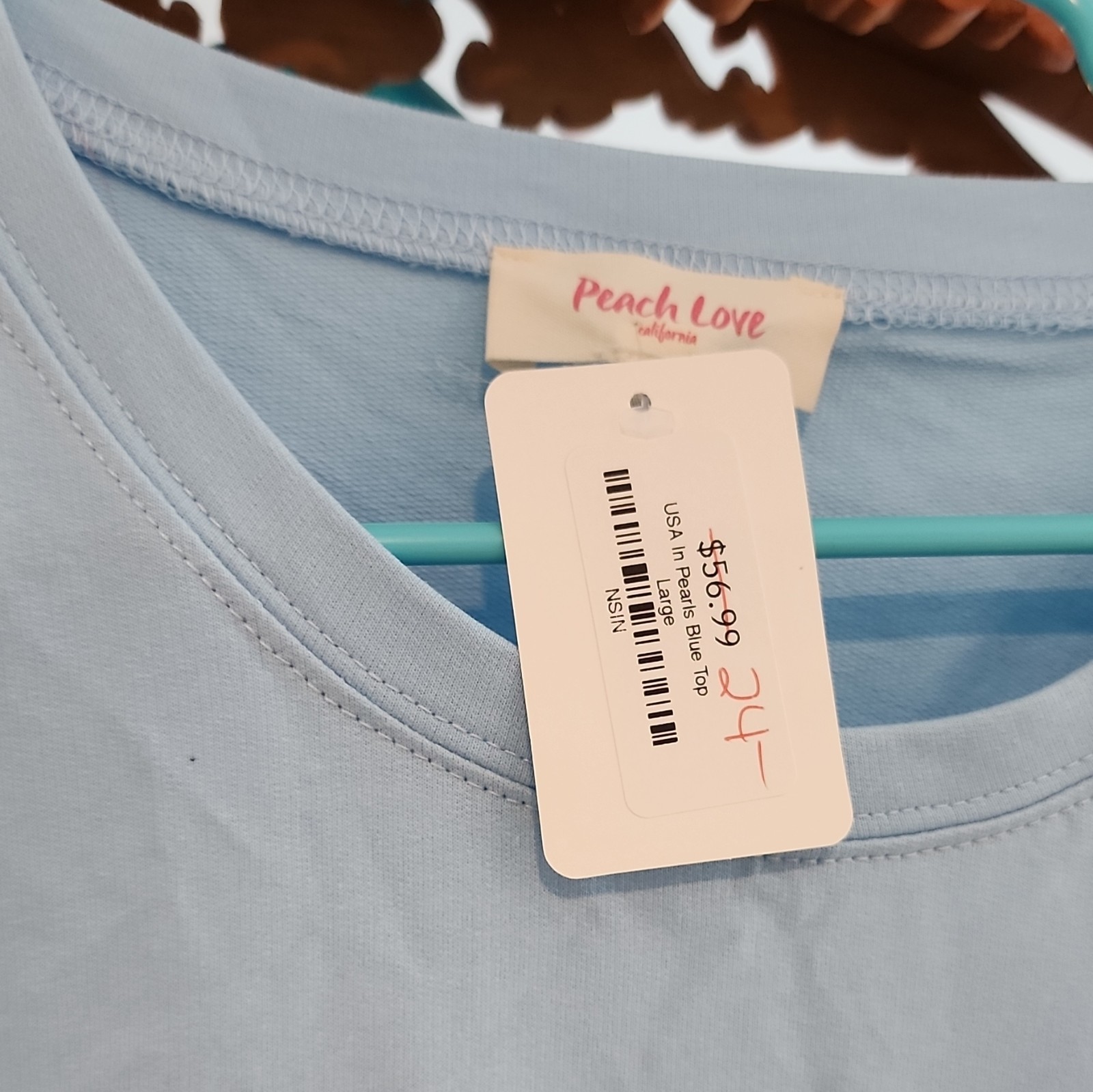 Peach Love. crop top Blue USA Graphic Print Lace & Pearl Beaded Cotton T-Shirt L