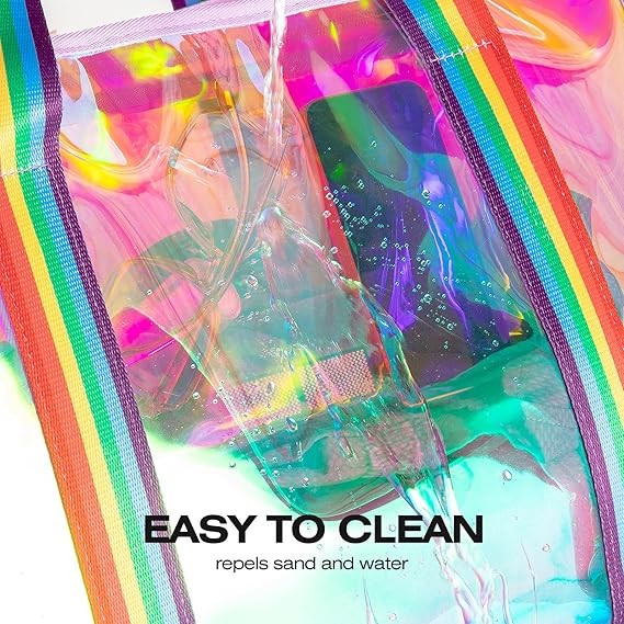 Iridescent Clear Beach Tote Bag Large Waterproof Zipper Pocket Swim Pool Women