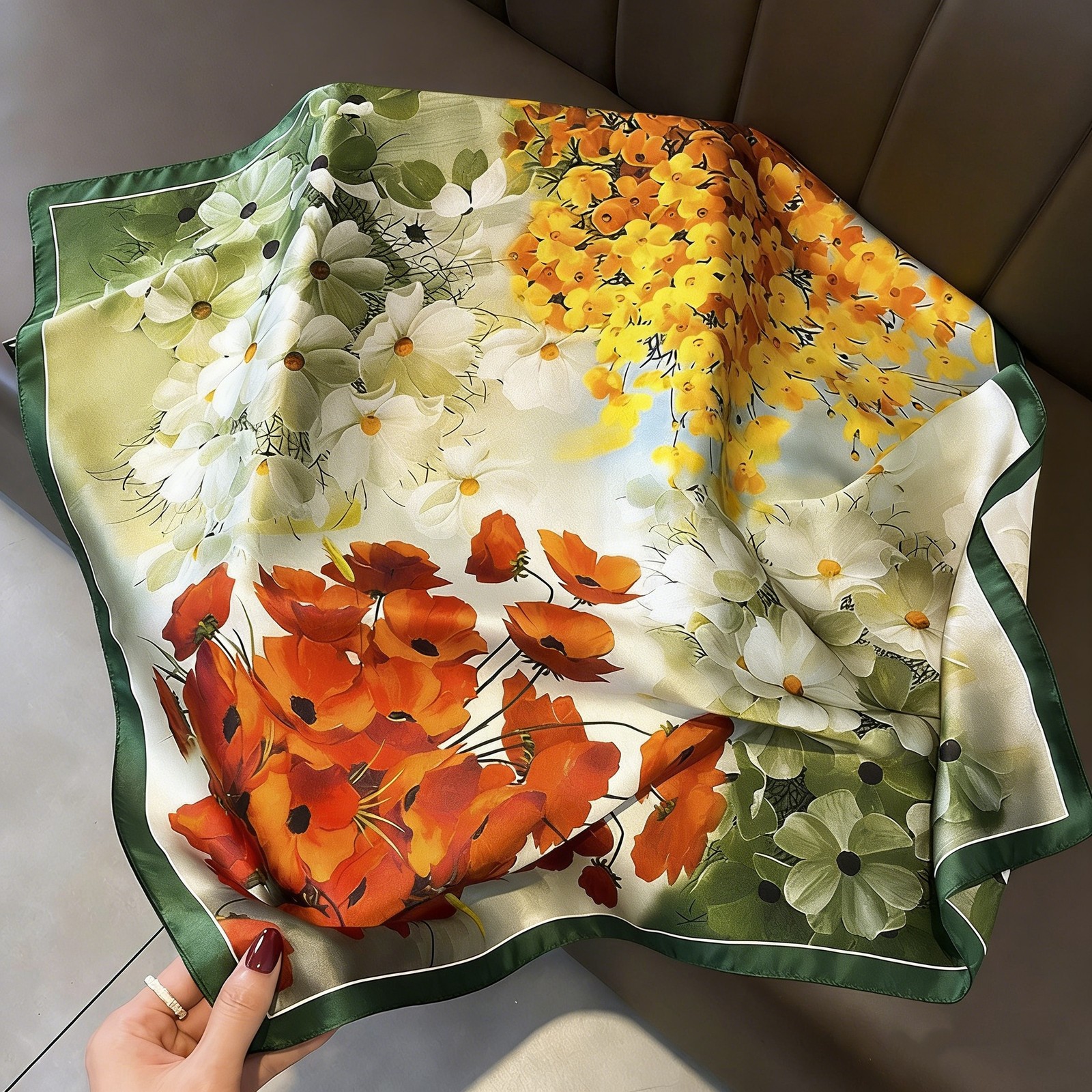100% Silk Mulberry Neckerchief Women Orange Flower Vintage 27″ Square Scarf Wrap