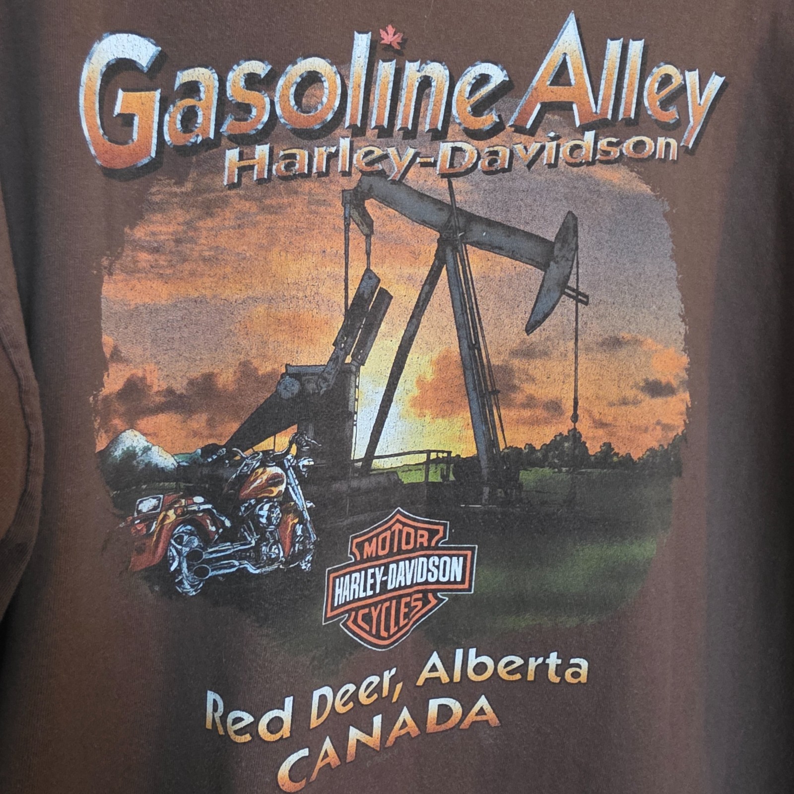 Vintage Harley Davidson Shirt XL Brown Gasoline Alley Red Deer Alberta Pumpjack