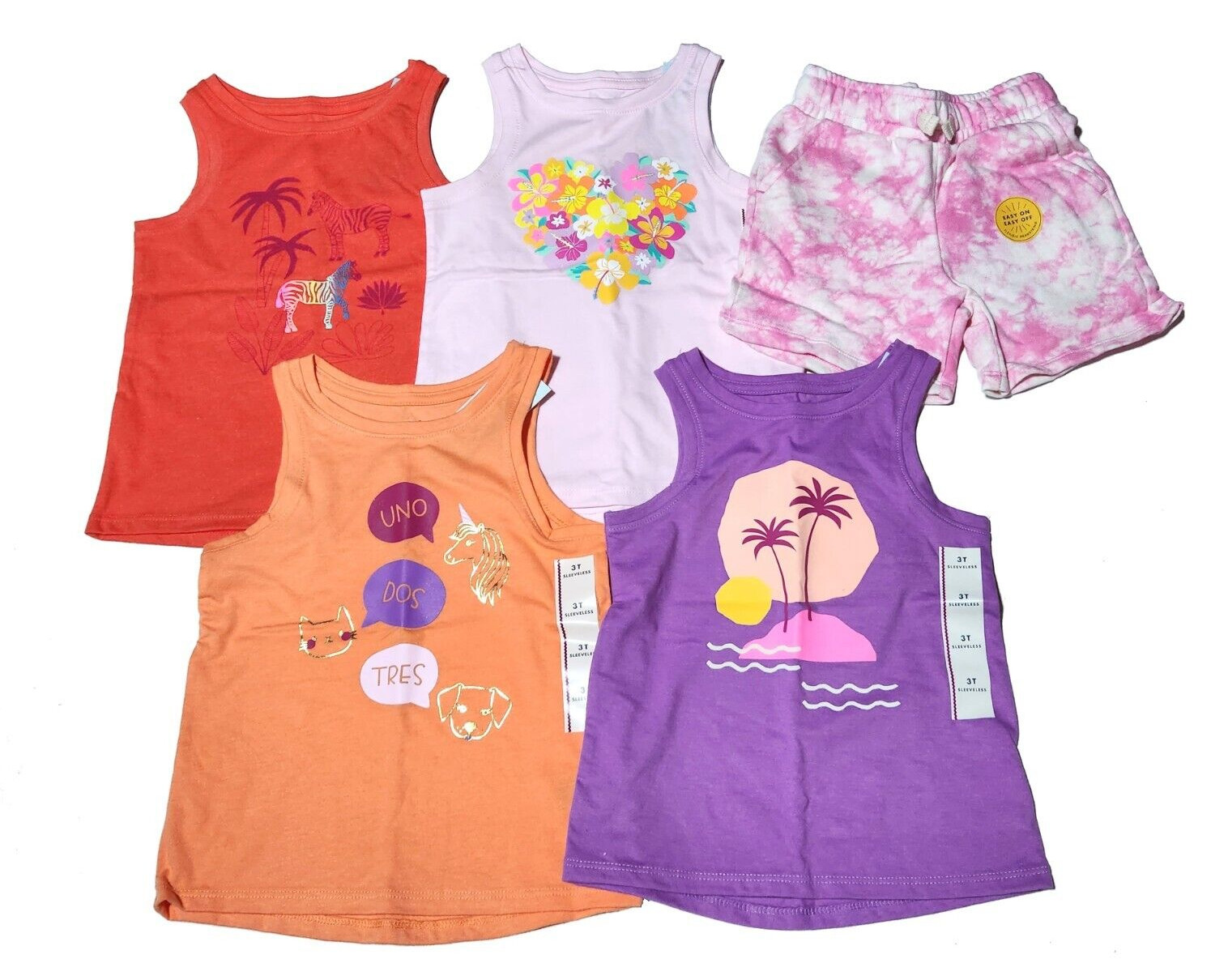 3T Girls Tank Tops – 4 Shirts & Pink Shorts Sleeveless Cat & Jack Flower Unicorn