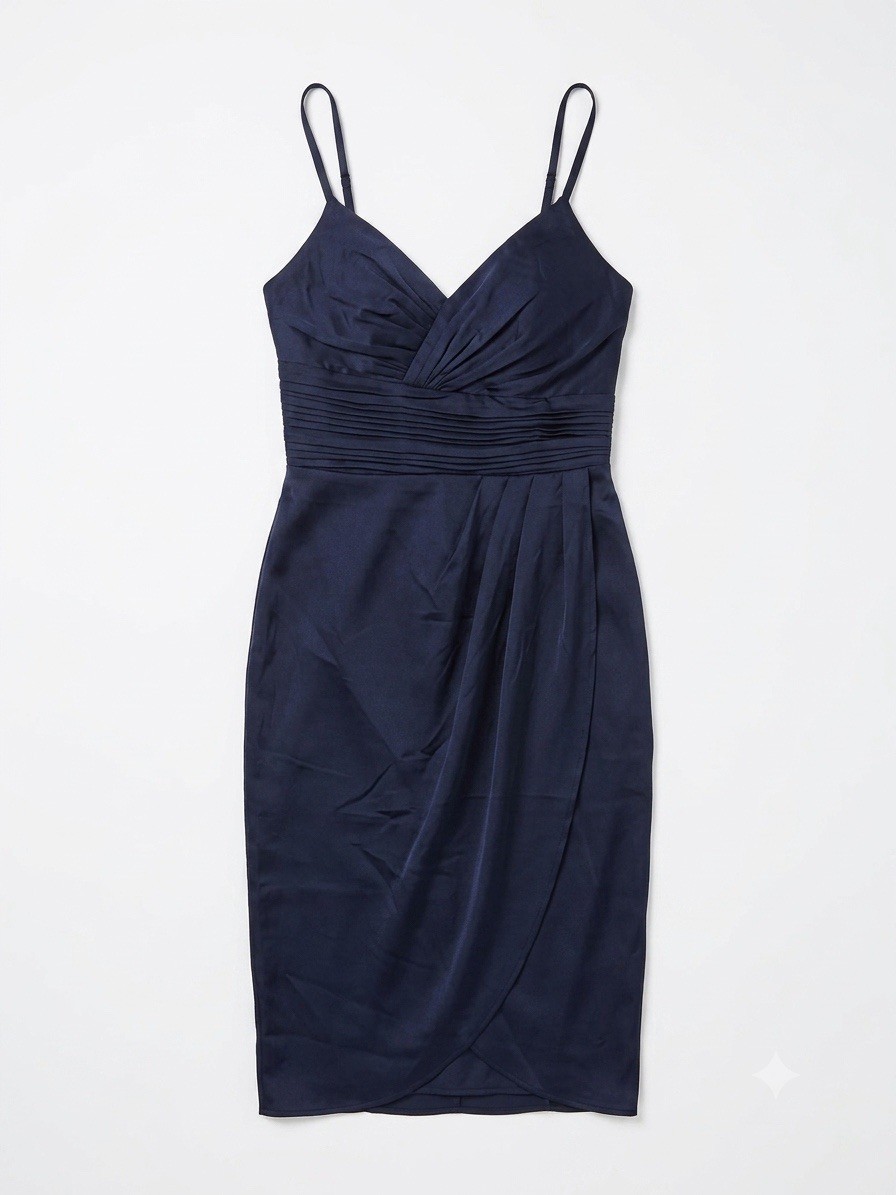 Little mistress Navy Satin Dress Size 8 Elastic Back Midi