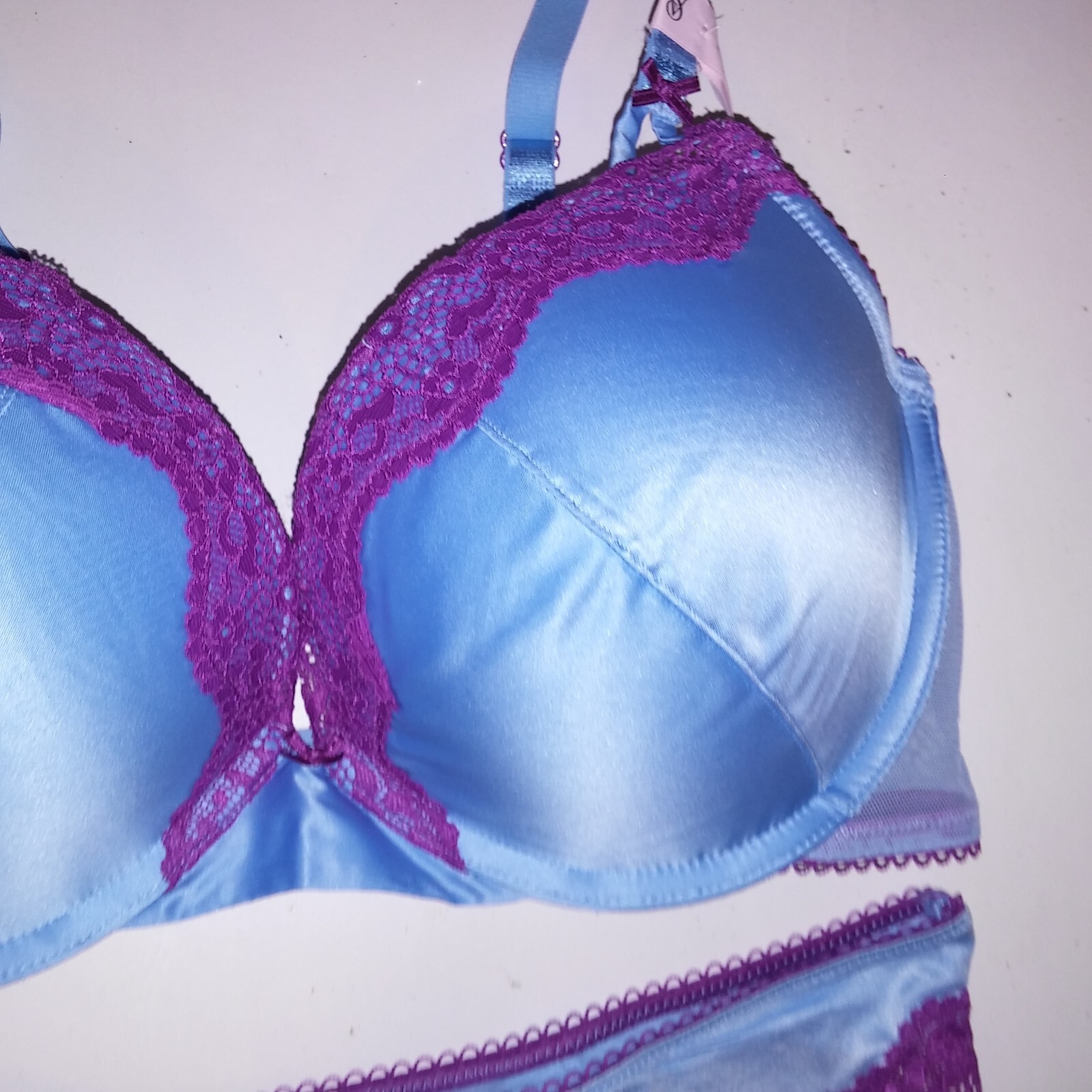 Victoria Secret Bra Set Push Up Thong Panty Blue Purple Tease Lace Trim Underwir