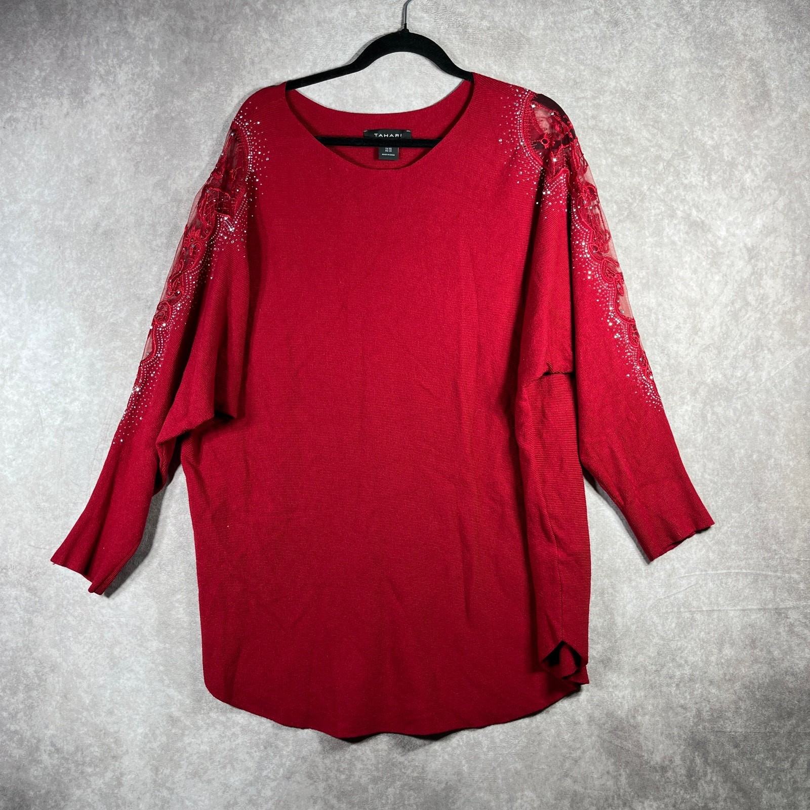 Tahari Top Womens 1X Red Knit Embellished Long Sleeve Tunic Casual Career Office