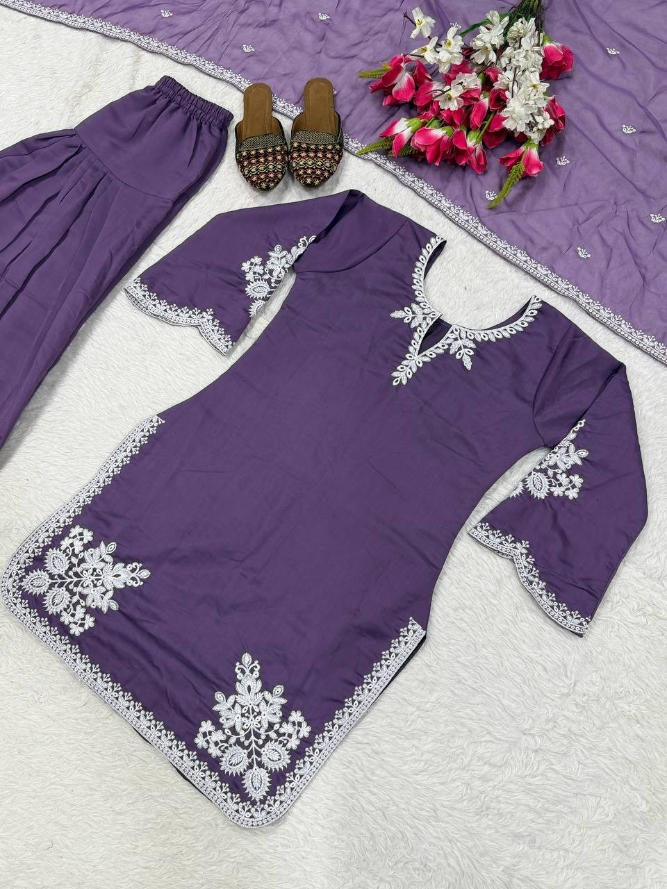 Designer Roman Cotton Purple Farshi Salwar Kameez With Dupatta For Festival