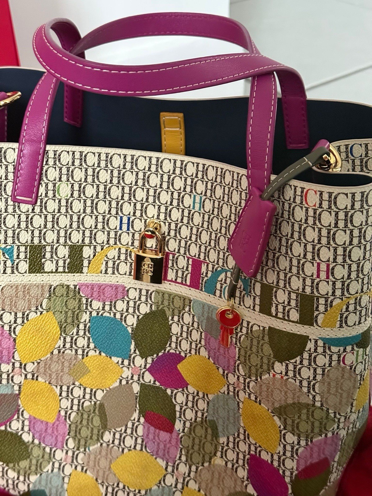 Carolina Herrera CH Monogram Multicolor Tote Purple Double Handles Padlock Key