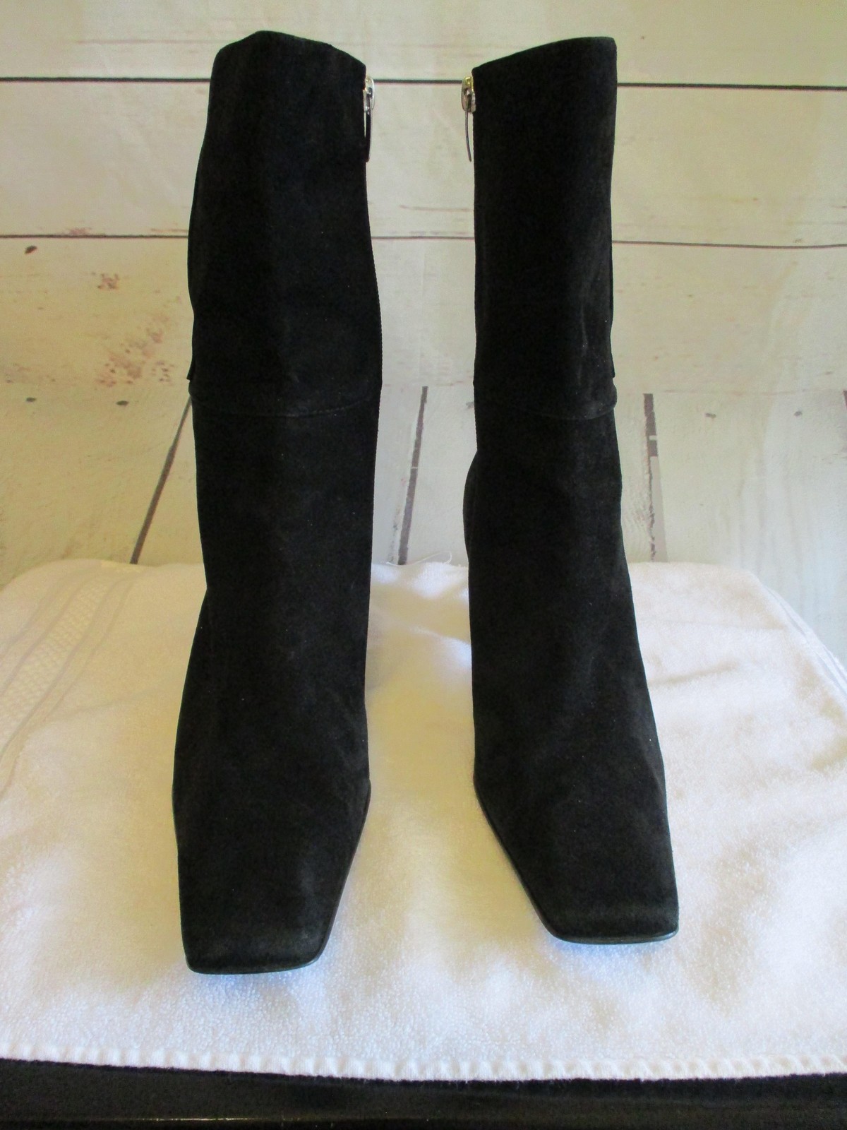 AK Anne Klein Shoes Womens Size 8.5 Black Suede Mid Calf Bootie Block Heel Zip
