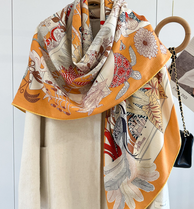 70% Cashmere 30% Silk Wrap Scarf garden Print Double Face Print Shawl 135X135cm