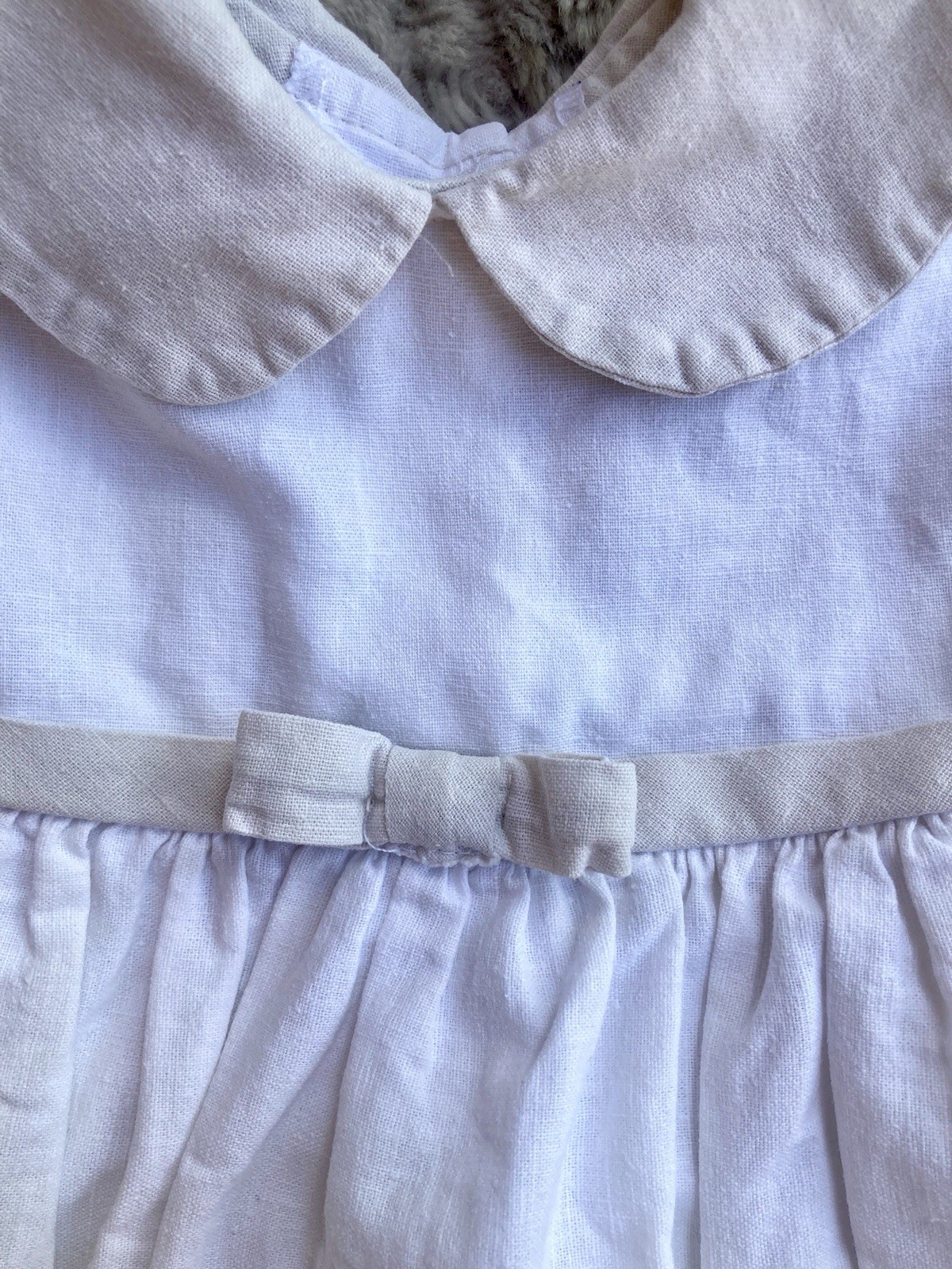 Vintage Jo Lene White Linen Blend Toddler Dress 2T Peter Pan Collar/Puff Sleeve