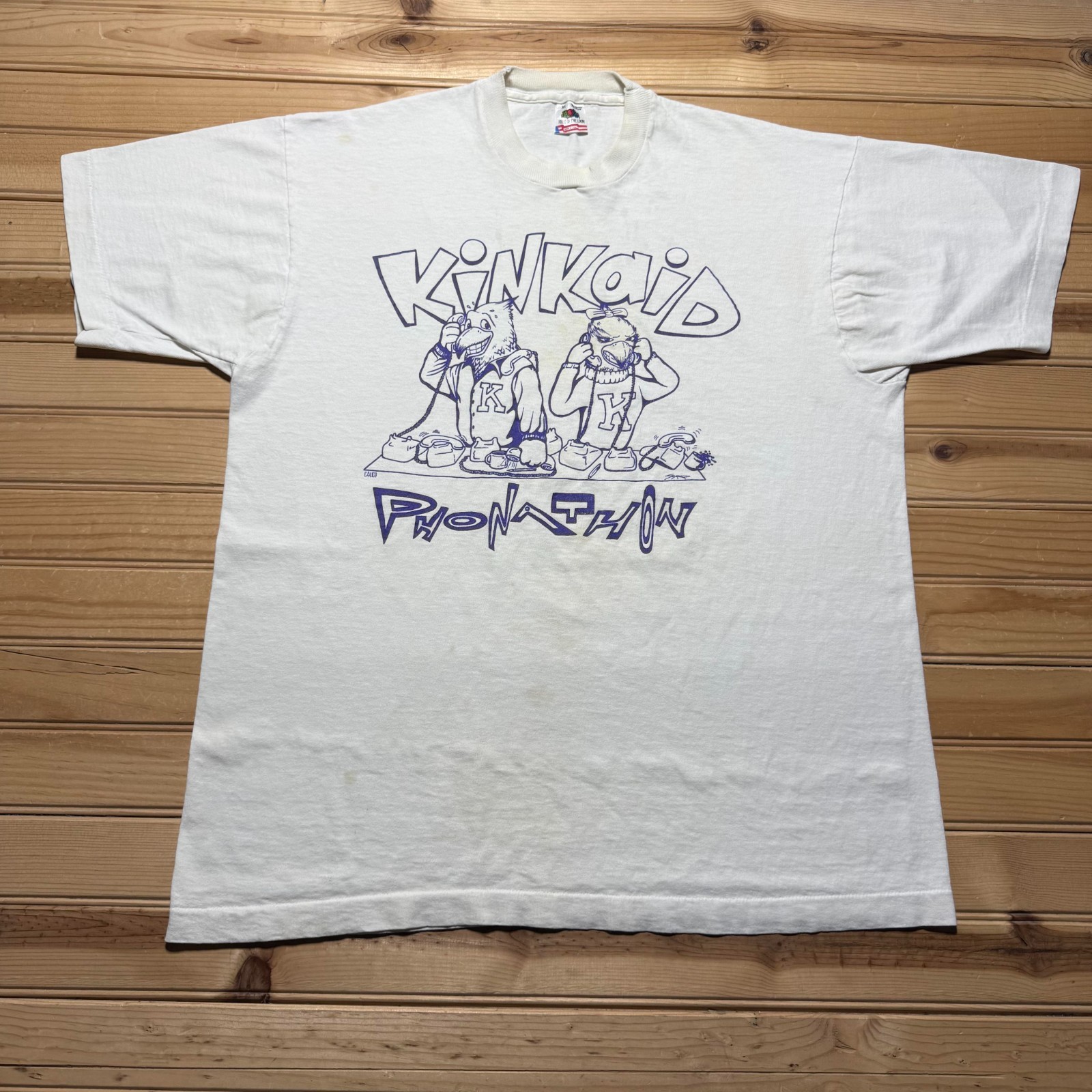 Vintage 90s Kinkaid Phonathon Falcons School Cartoon Graphic T-Shirt USA – XL