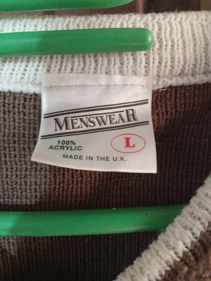 Menswear V-Neck Sweater Size L Brown White Striped Acrylic Pullover Vintage UK