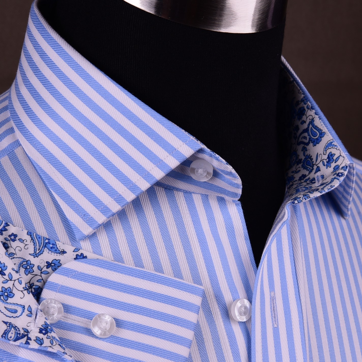 Mens Blue Formal & Business Dress Shirt Herringbone Twill Striped Floral Paisley