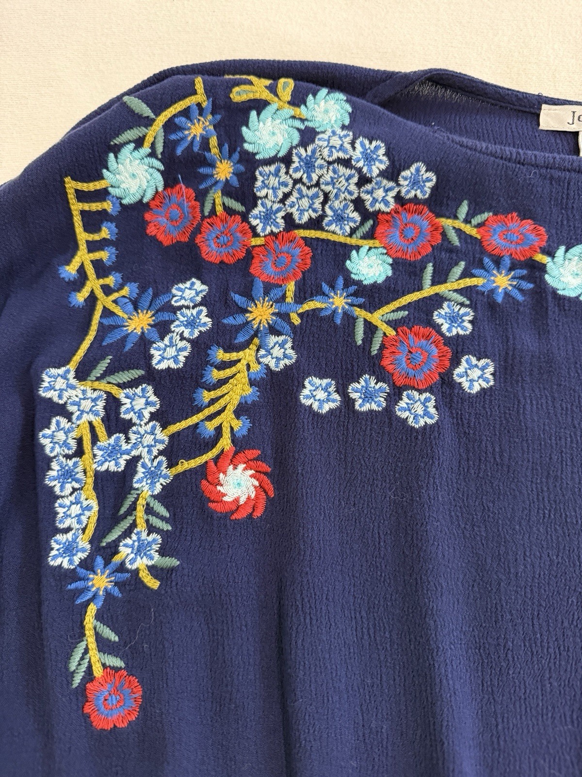 Jodifl Navy Blue Embroidered Floral Boho Peasant Blouse Top Small