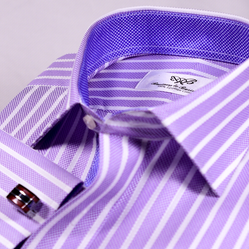 Purple White Stripes Elegant Double Ply Wevon Business Shirts With Inner Lining