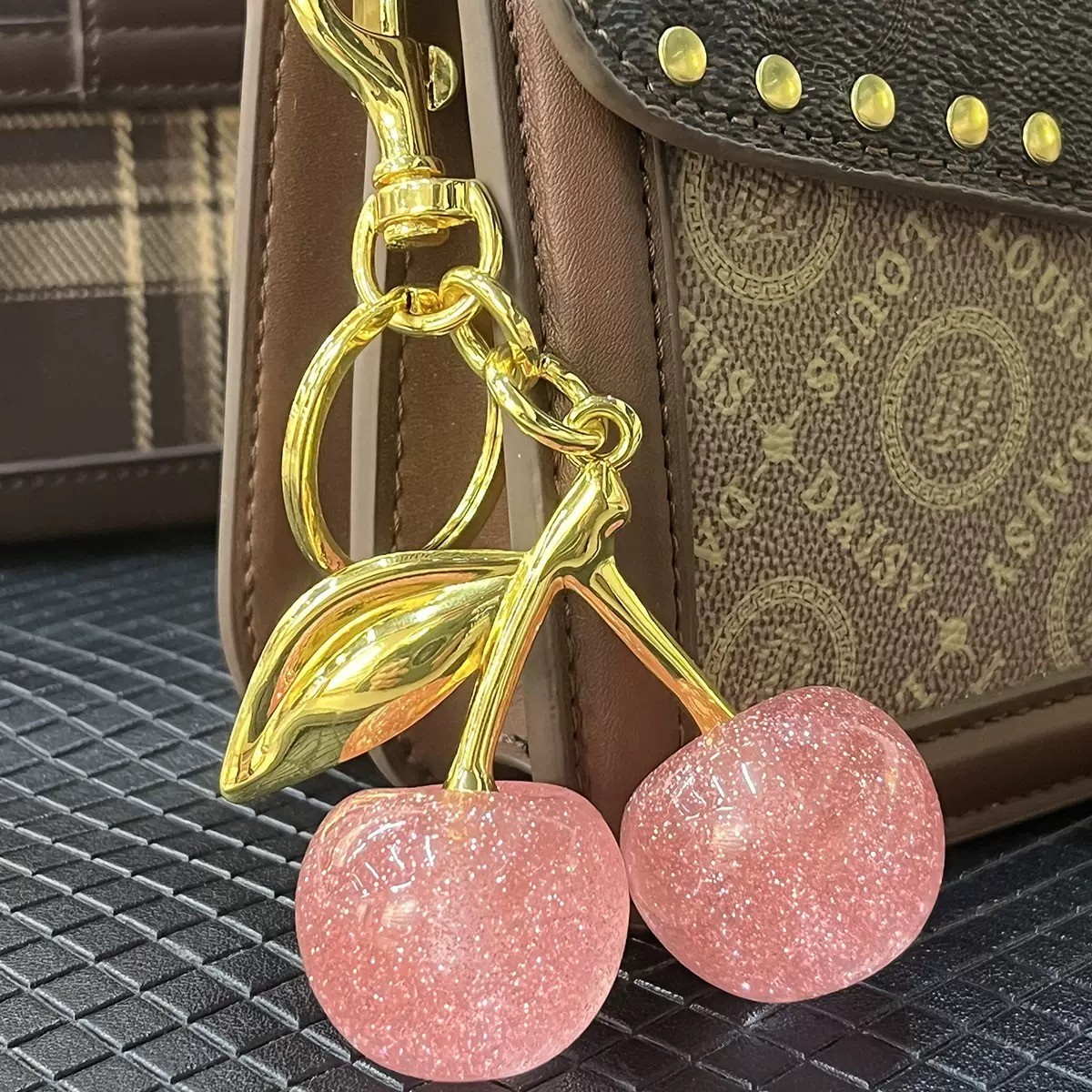 Women’s Cute Cherry Bag Charm Keychain – Red Glitter Purse Key Chain