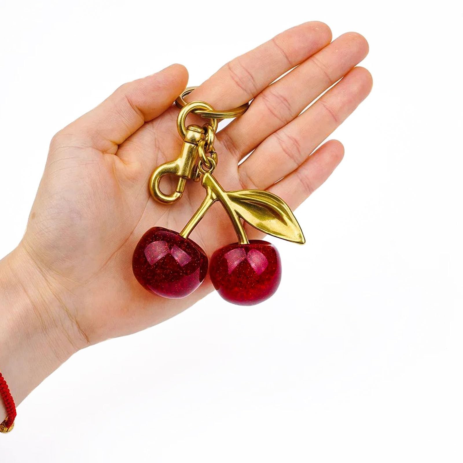 Women’s Cute Cherry Bag Charm Keychain – Red Glitter Purse Key Chain