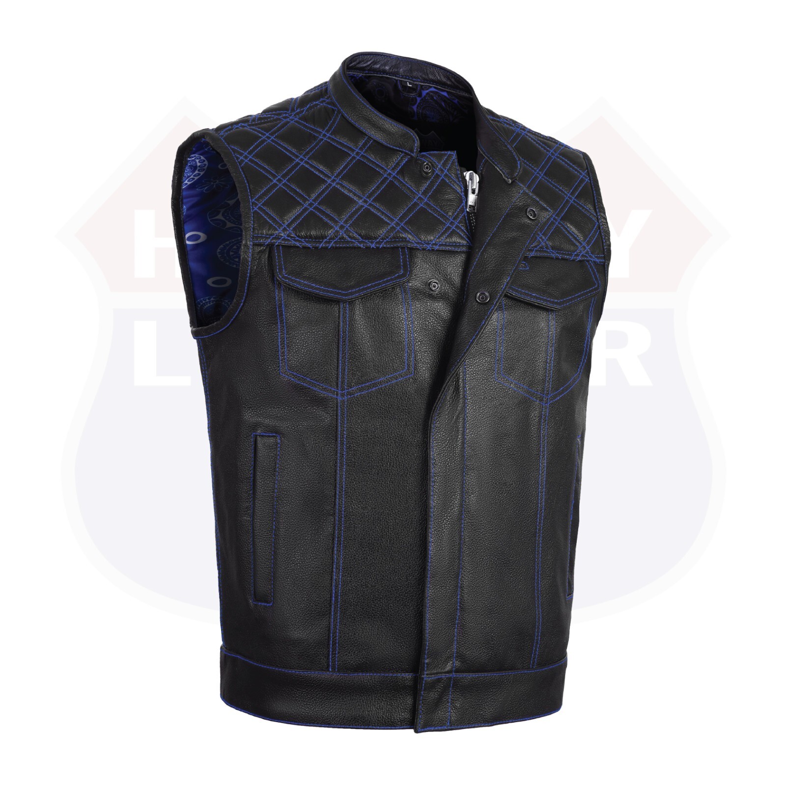 BLUE HL11693SPTBLUE Black Men Cross Stitch Club Leather Vest