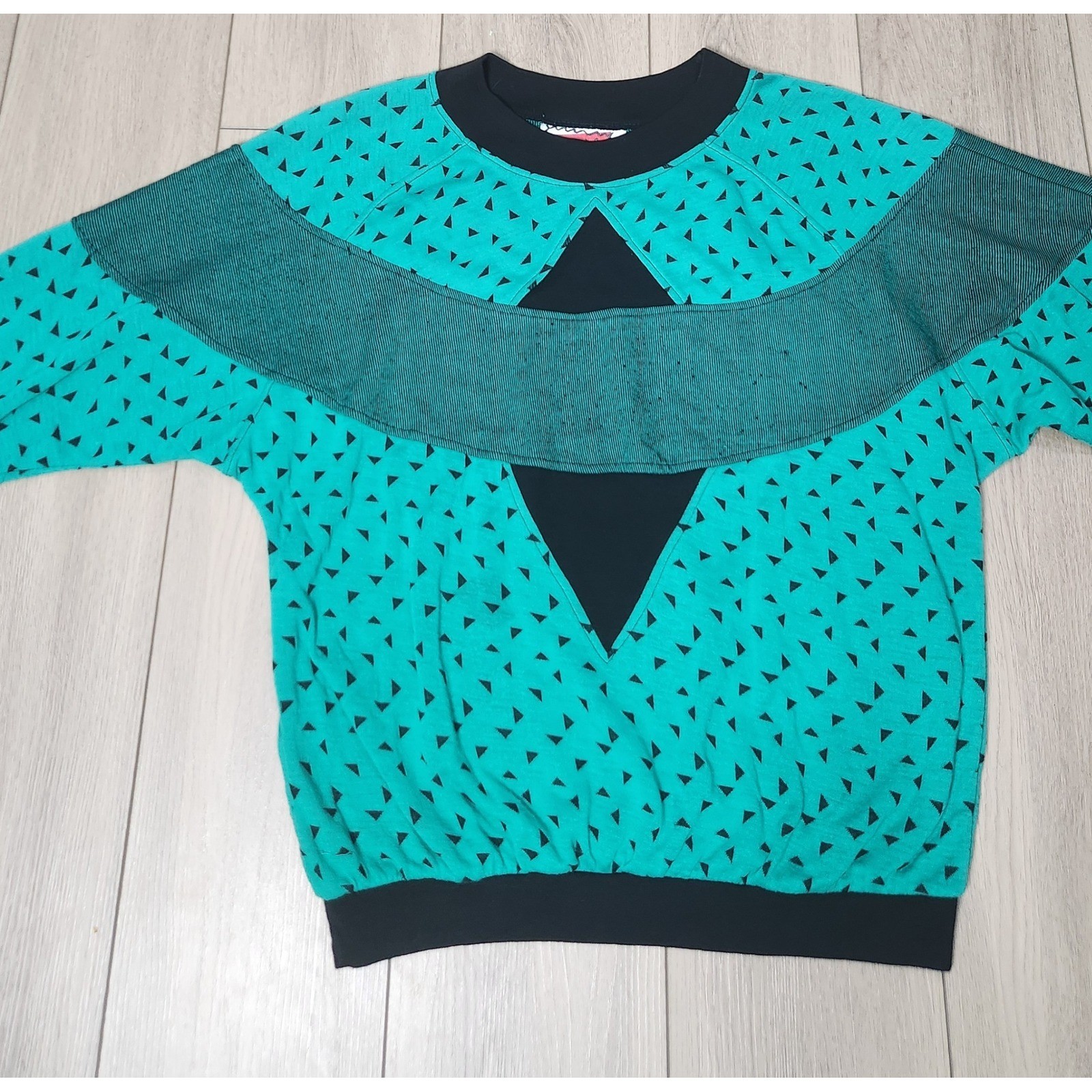 Vintage 80s 90s Gitano Womens Geometric Teal Sweatshirt Retro Top Size M