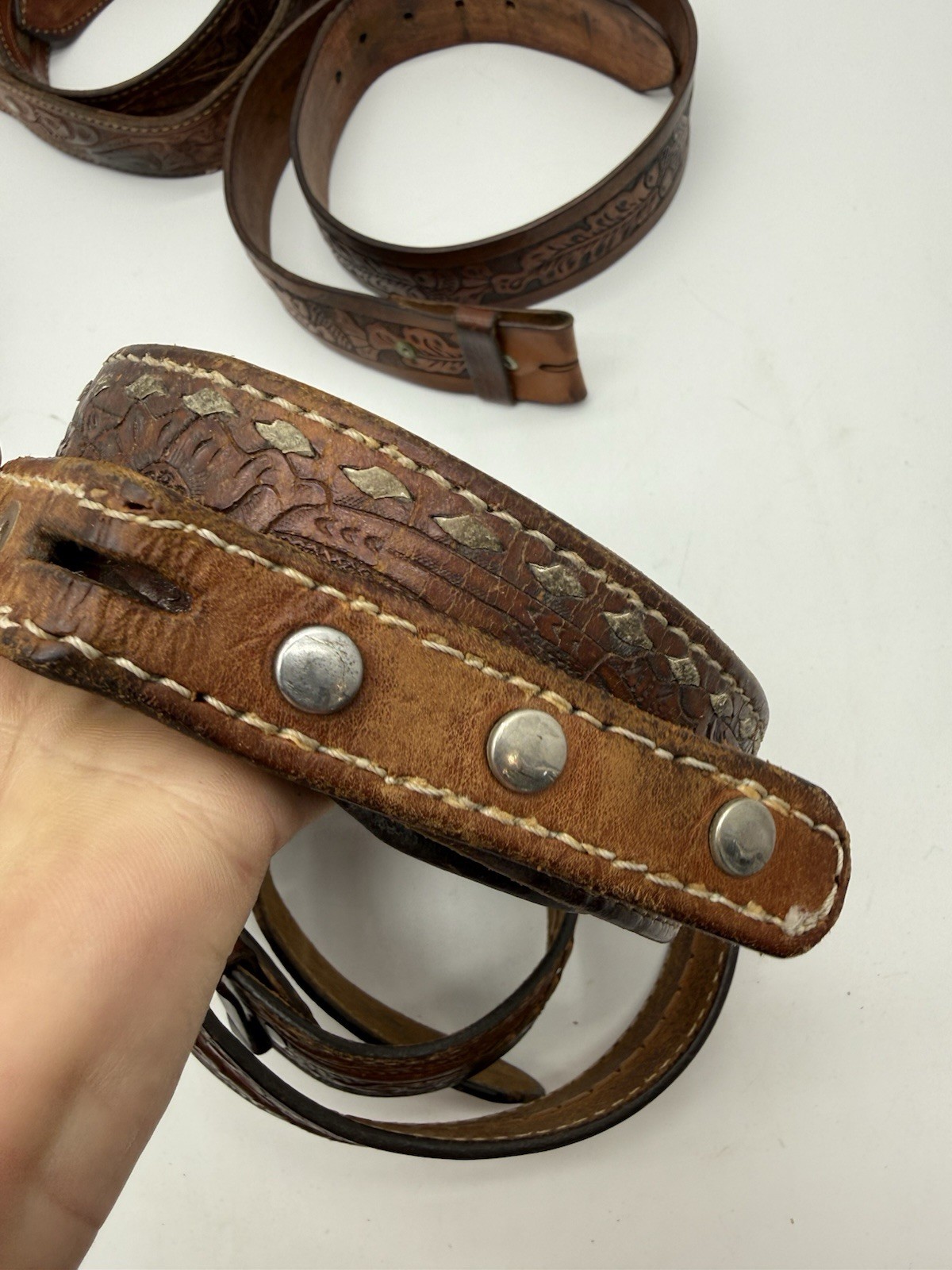 Lot of 5 Leather Belts Vintage Western Style Buckle Replacement Parts See Photos